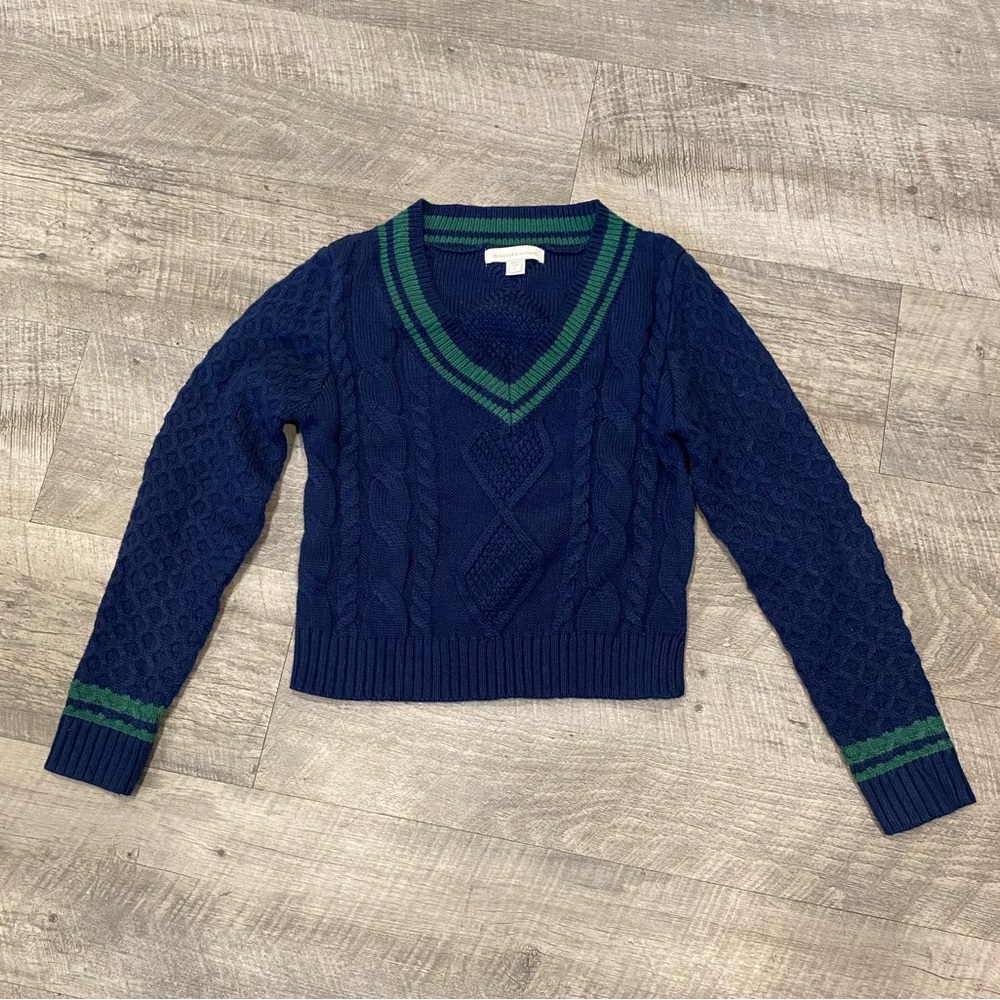 Navy and Green V-Neck Cable Knit Sweater Junior
